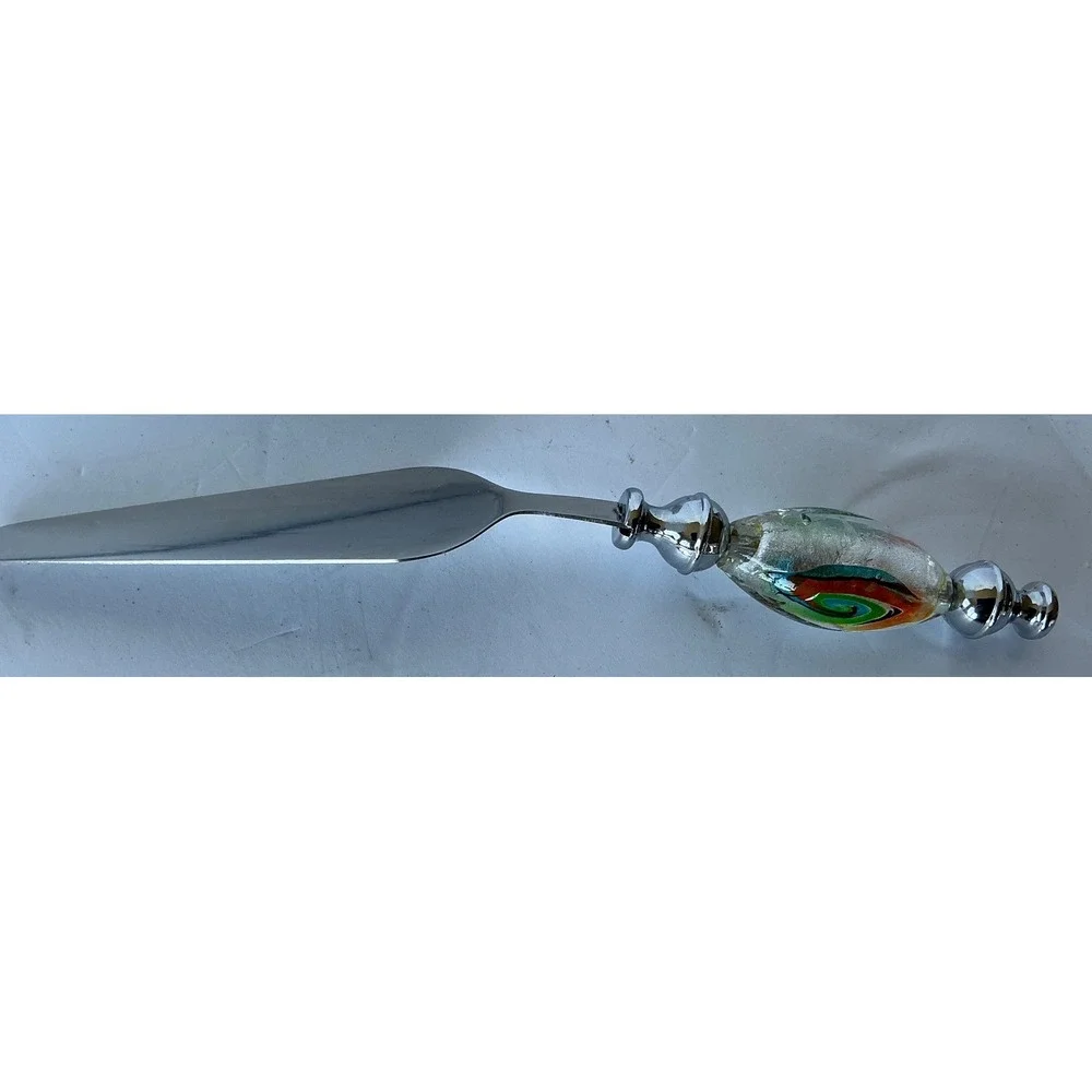 Cake Server Murano Style Art Glass Handle‎ Silver Swirl 9.5in Elegant